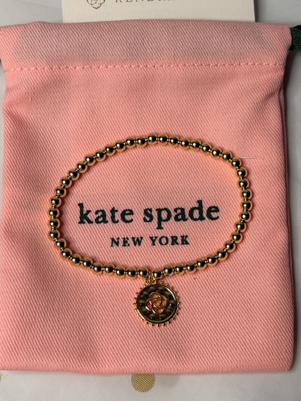 Kendra Scott Gold Beaded Bracelet with Round Charm - Pink Pouch